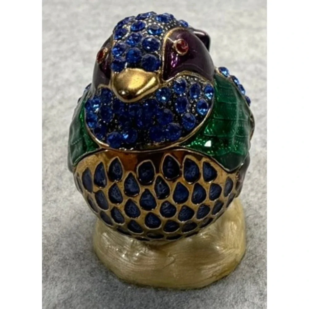 Enamel Bird Trinket Box Jeweled Rhinestone Hinged Collectible Purple Green Gold